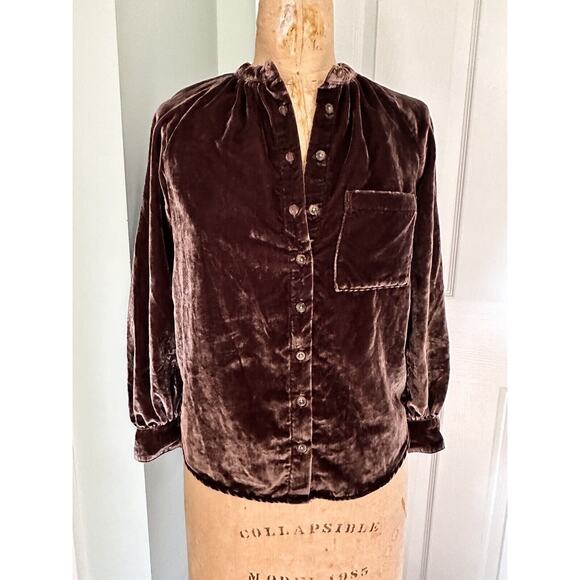 Anthropologie Pilcro Crushed Velvet Femme Buttondown Shirt Cocoa sz XXSP Brown - Picture 14 of 16